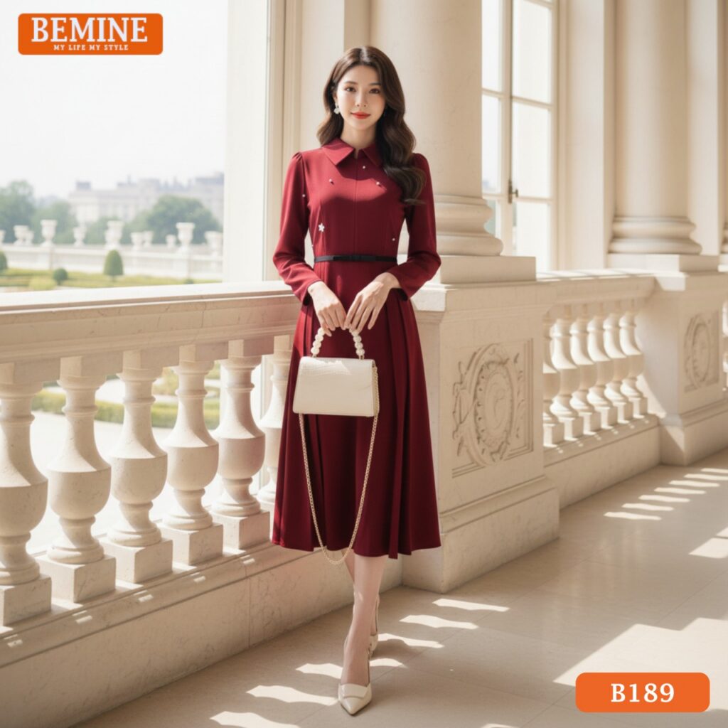 Mẫu đầm thiết kế BEMINE dáng a cổ sơ mi tay dài đính đá B189 sang trọng.