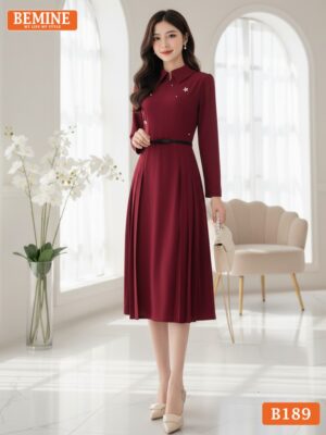 Đầm thiết kế BEMINE cổ sơ mi tay dài đính đá dáng chữ A phù hợp đi làm-B189 hình ảnh