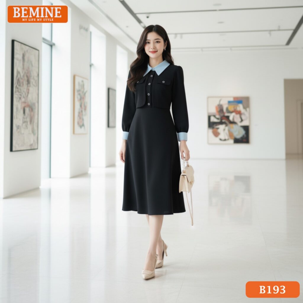 Đầm Thiết Kế BEMINE Dáng A Cổ Đức Phối Sọc Tay Dài B193 phối sọc tay dài hiện đại.