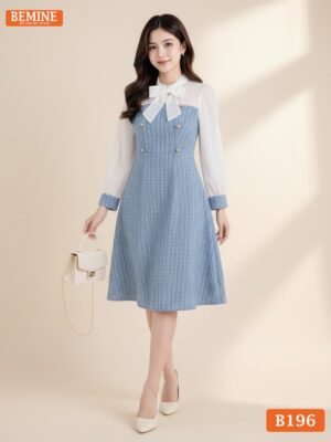 Đầm thiết kế BEMINE cổ tròn phối tơ tay dài B196 màu xanh navy thanh lịch