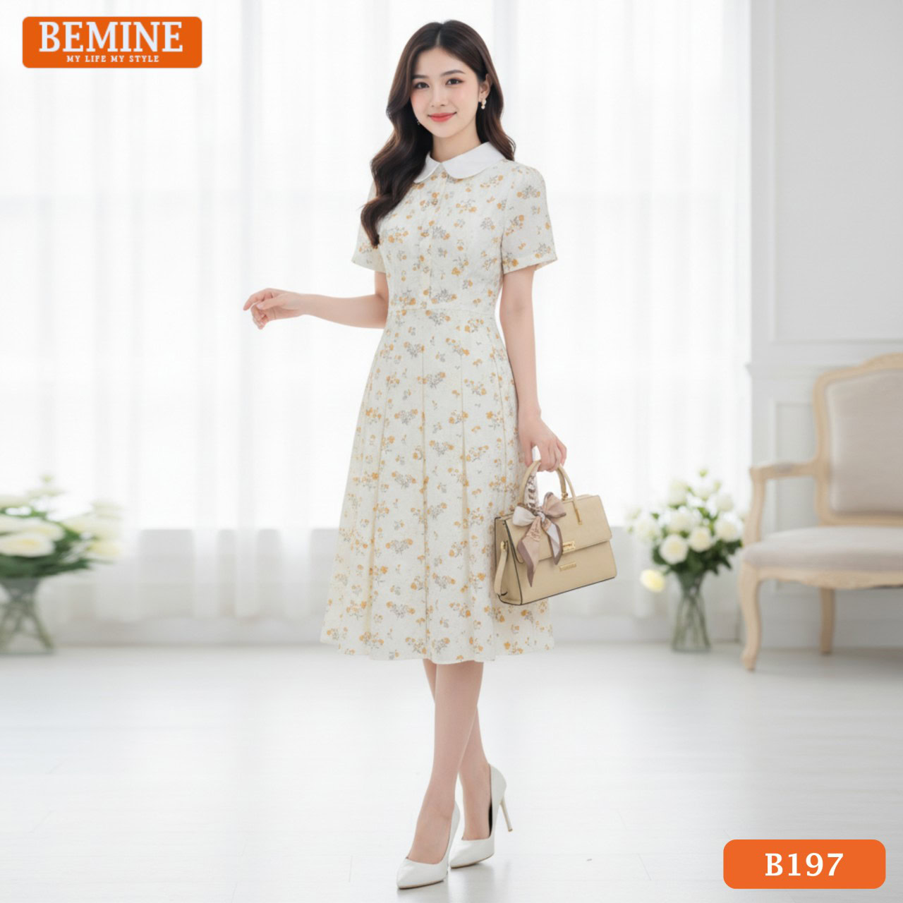 Mẫu Đầm Công Sở Cổ Vuông Tay Phồng Thanh Lịch Lịch Sự Cho Nàng 2 Cấu trúc tay phồng khéo léo che khuyết điểm bắp tay và cân bằng bờ vai