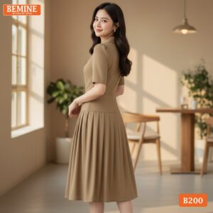 Chi tiết tùng váy xếp ly tinh tế trên mẫu đầm BEMINE B200.