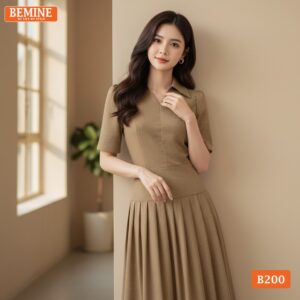 Đầm thiết kế BEMINE B200 màu sô-cô-la cổ sơ mi xẻ V.