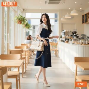 Người mẫu diện đầm BEMINE B201 dáng chữ A, phong cách thời trang văn phòng trẻ trung và duyên dáng.