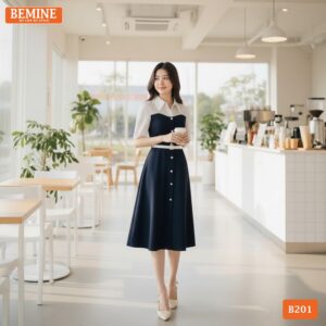 Chi tiết đường may sắc sảo và form dáng chữ A chuẩn chỉnh trên đầm công sở BEMINE B201.