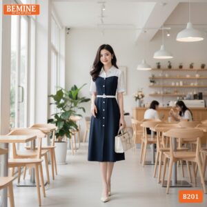 Đầm chữ A BEMINE B201 cổ sơ mi phối tơ bi, sự lựa chọn hoàn hảo cho các quý cô yêu thích sự nhẹ nhàng.