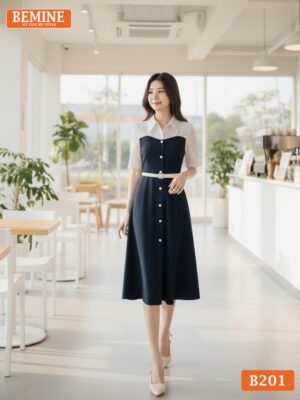 Đầm thiết kế BEMINE B201 dáng chữ A công sở, điểm nhấn cổ sơ mi phối tơ bi điệu đà.