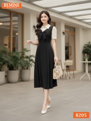 Đầm thiết kế BEMINE cổ sơ mi phối ren có dây nơ đính nút dáng chữ A phù hợp đi làm-B205 hình ảnh