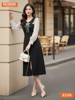 Đầm thiết kế BEMINE cổ viền bèo cách điệu phối tơ dáng chữ A xẻ phù hợp đi làm-B208 hình ảnh