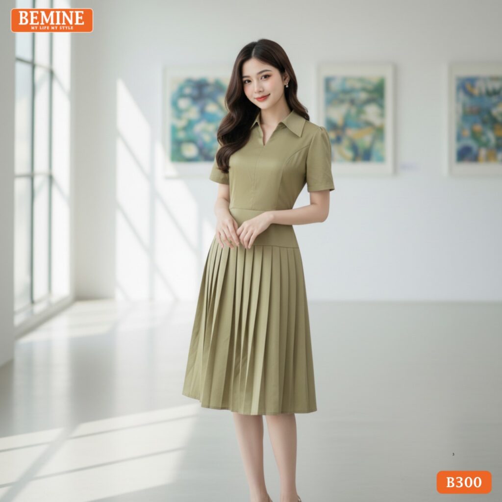 đầm thiết kế BEMINE dáng xếp ly lụa cổ sơ mi xẻ V B300 – biểu tượng của sự thanh lịch và thoải má.