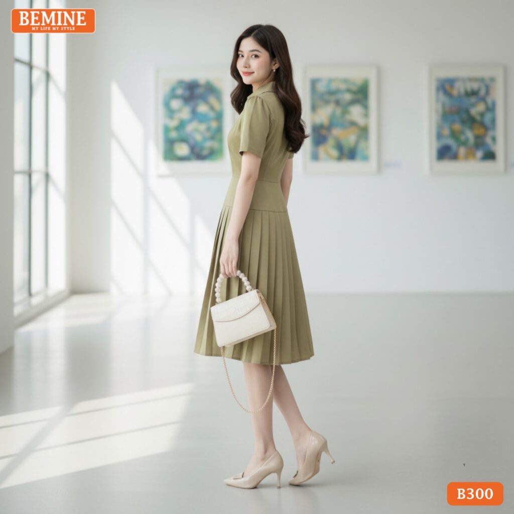 Đầm thiết kế BEMINE B300 chất liệu lụa cao cấp, dáng xếp ly thanh lịch phối cổ sơ mi xẻ V hiện đại.