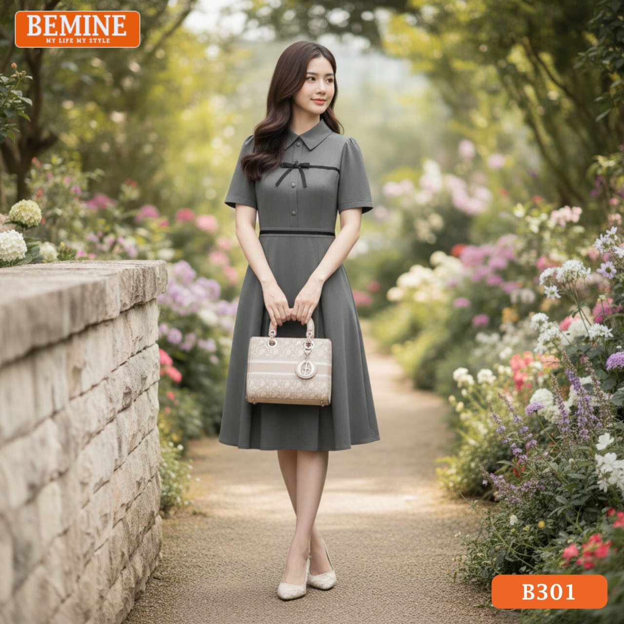 Đầm thiết kế BEMINE Dáng Chữ A Công Sở Cổ Đức Nơ B301 Đầm thiết kế BEMINE B301 dáng chữ A, cổ đức, có nơ thắt điệu đà, phù hợp mặc đi làm.