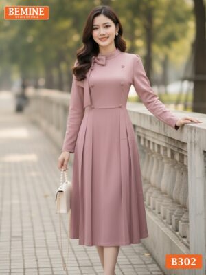 Đầm thiết kế BEMINE cổ trụ có dây nơ tay dài dáng chữ A phù hợp đi làm-B302 hình ảnh
