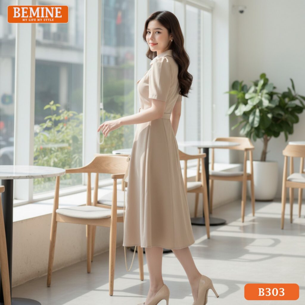 Ảnh cận cảnh chi tiết cổ sen (Peter Pan collar) và chất liệu vải của đầm thiết kế BEMINE B303.