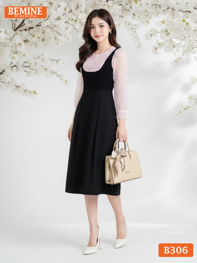 Đầm thiết kế BEMINE B306 màu xanh ngọc, dáng chữ A, nhún bèo, tạo điểm nhấn nhẹ nhàng.