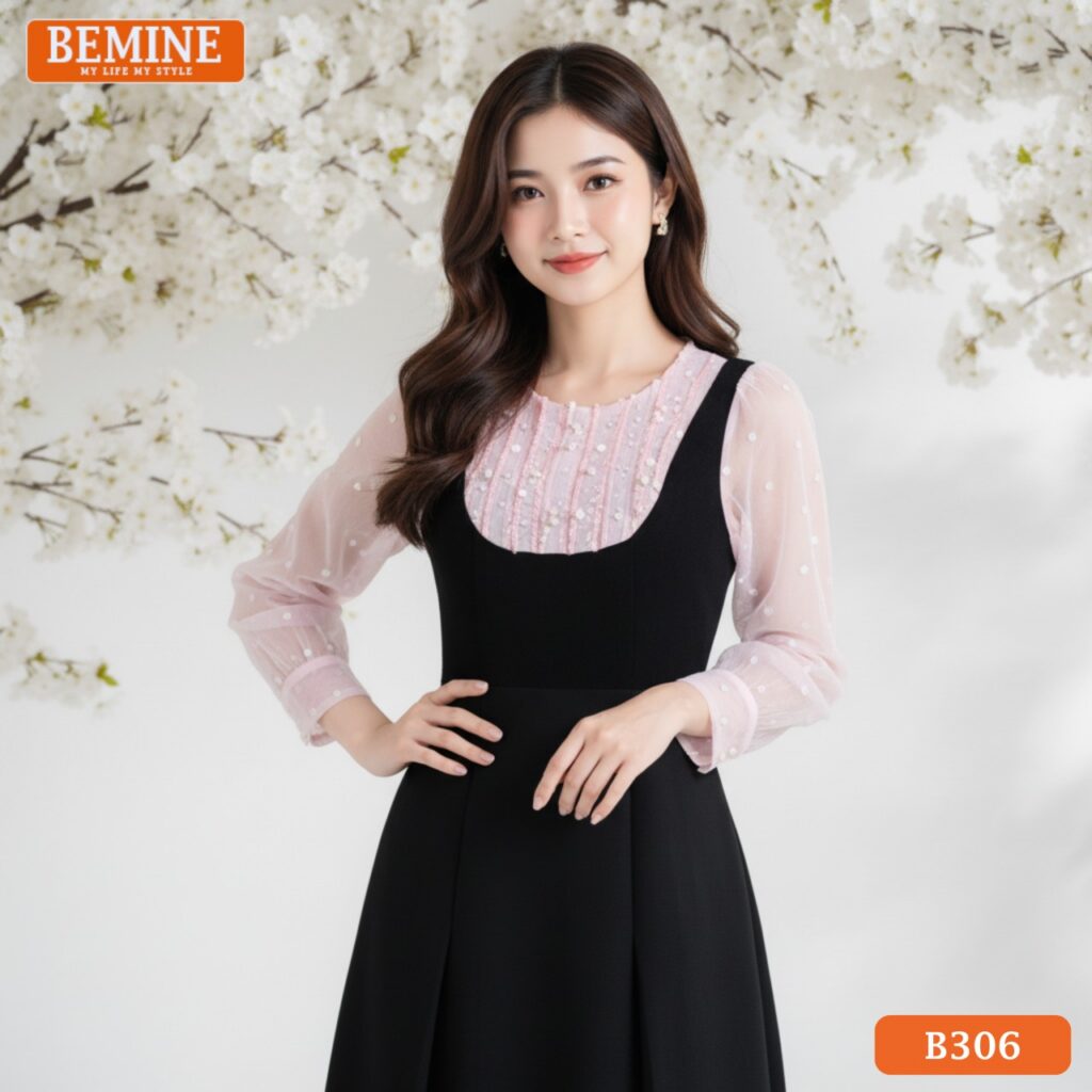 Đầm thiết kế BEMINE Dáng Chữ A Công Sở Nhún Bèo B306 Đầm thiết kế BEMINE dáng chữ a công sở nhún bèo B306, có chi tiết nhún bèo mềm mại, màu hồng pastel.