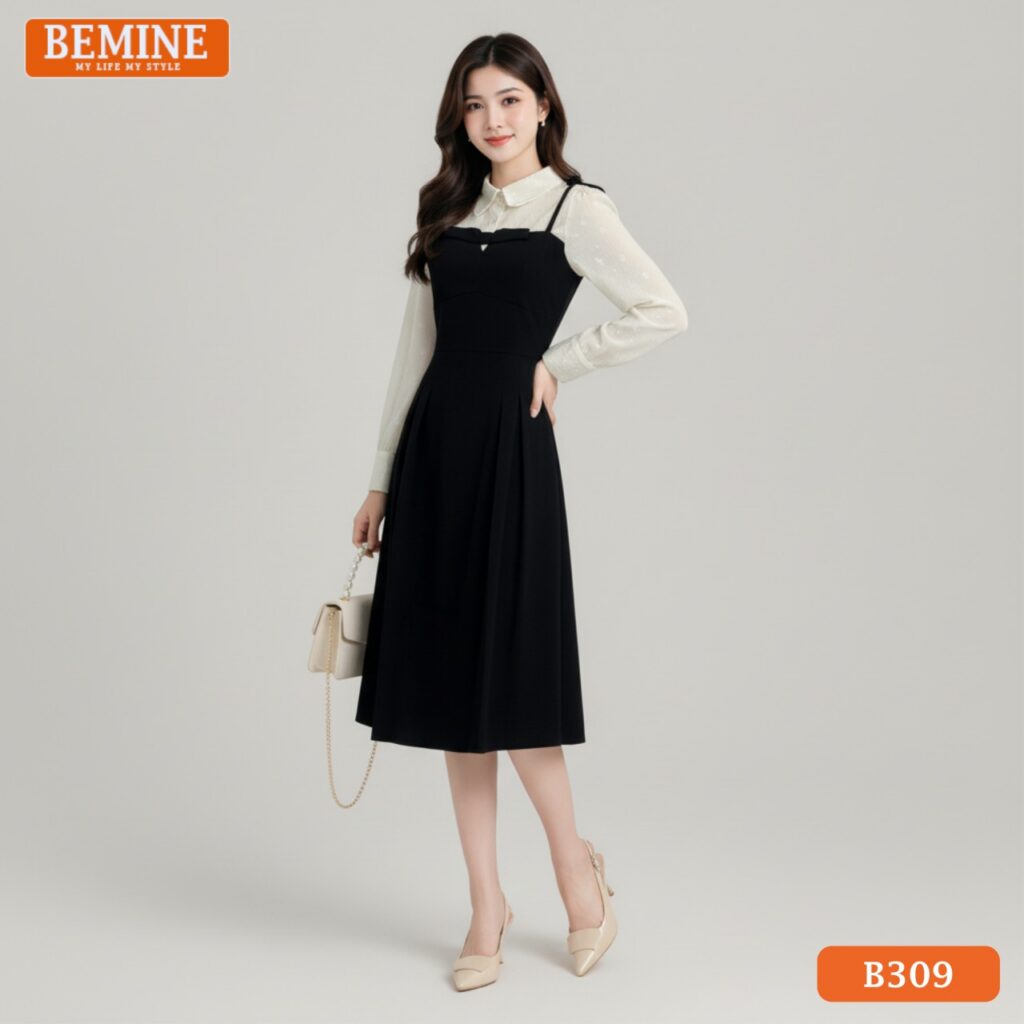 Đầm thiết kế BEMINE Dáng Chữ A Công Sở Cổ Sơ Mi B309 Mẫu đầm công sở BEMINE B309 dáng chữ A, nổi bật với thiết kế cổ sơ mi kèm viền/chi tiết nhấn nhá.