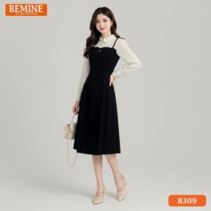 Mẫu đầm công sở BEMINE B309 dáng chữ A, nổi bật với thiết kế cổ sơ mi kèm viền/chi tiết nhấn nhá.