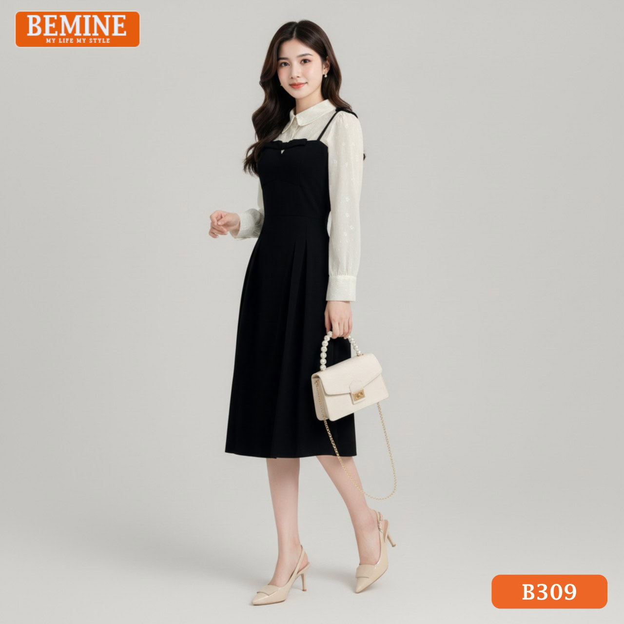 Đầm thiết kế BEMINE Dáng Chữ A Công Sở Cổ Sơ Mi B309 Ảnh cận cảnh chi tiết cổ sơ mi và chất liệu vải của đầm thiết kế BEMINE B309, chất liệu đứng form.