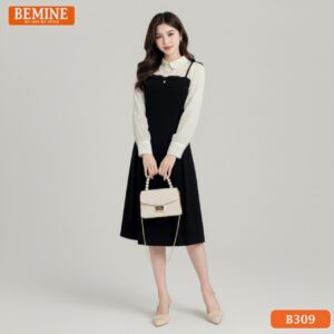 Người mẫu mặc đầm thiết kế BEMINE B309 dáng chữ A, cổ sơ mi, thể hiện phong cách làm việc chuyên nghiệp.