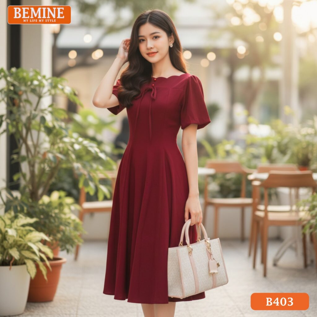 Người mẫu mặc đầm thiết kế BEMINE B403 dáng chữ A, cổ thuyền, màu đỏ, phong cách chuyên nghiệp.
