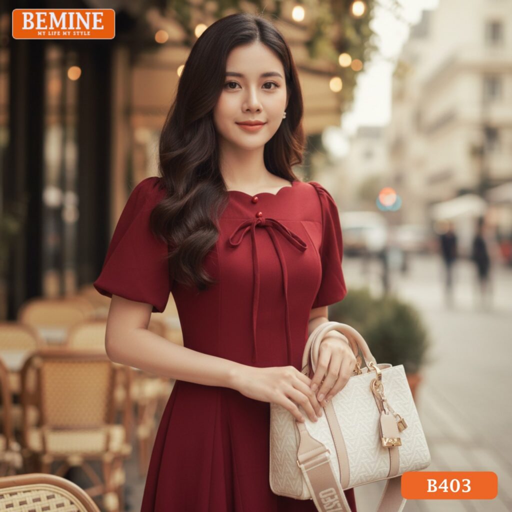 Đầm chữ A BEMINE B403 cổ thuyền, màu đỏ, chất liệu đứng form, lý tưởng cho môi trường văn phòng.