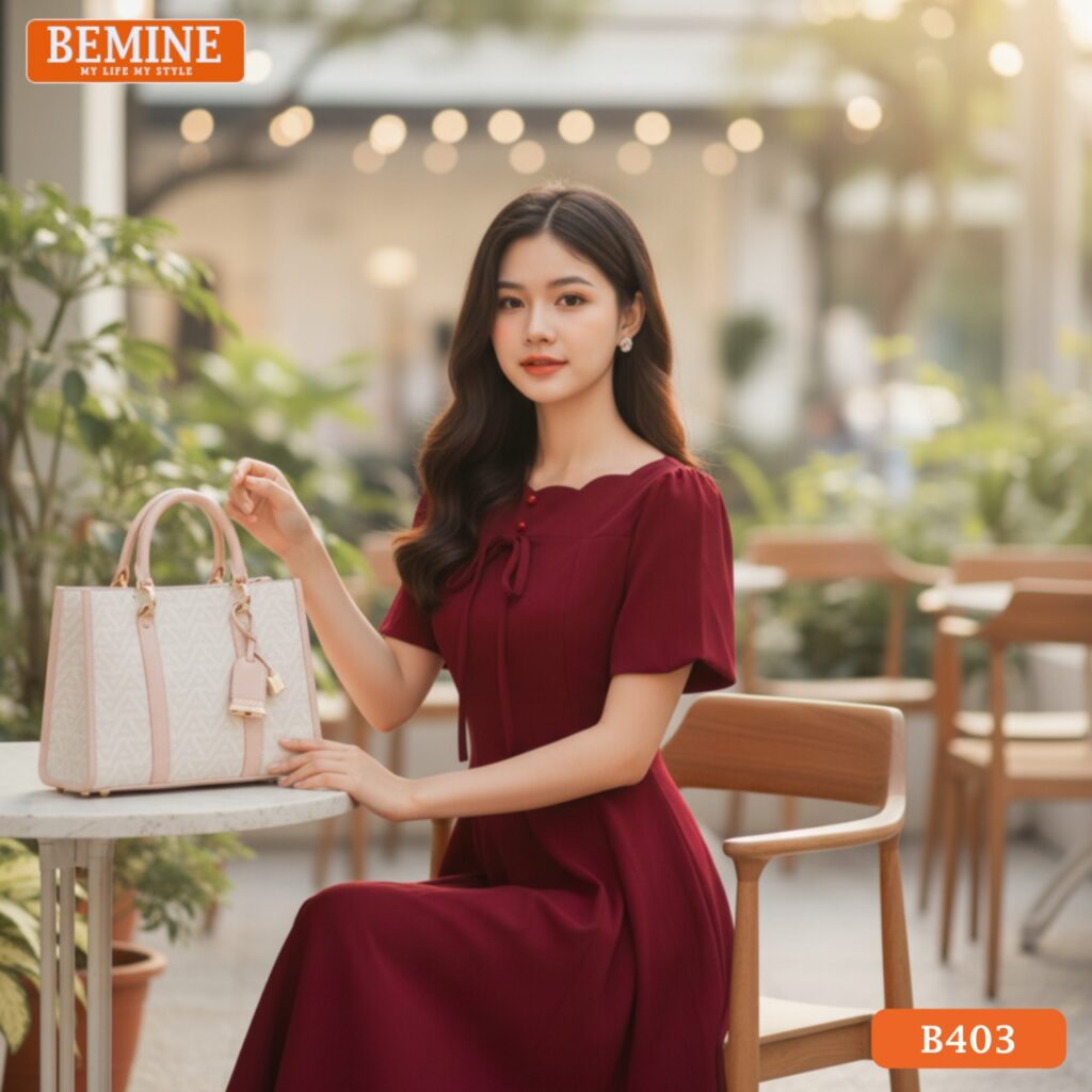 Mẫu đầm công sở BEMINE B403 dáng chữ A, nổi bật với thiết kế cổ thuyền thanh lịch và tinh tế.