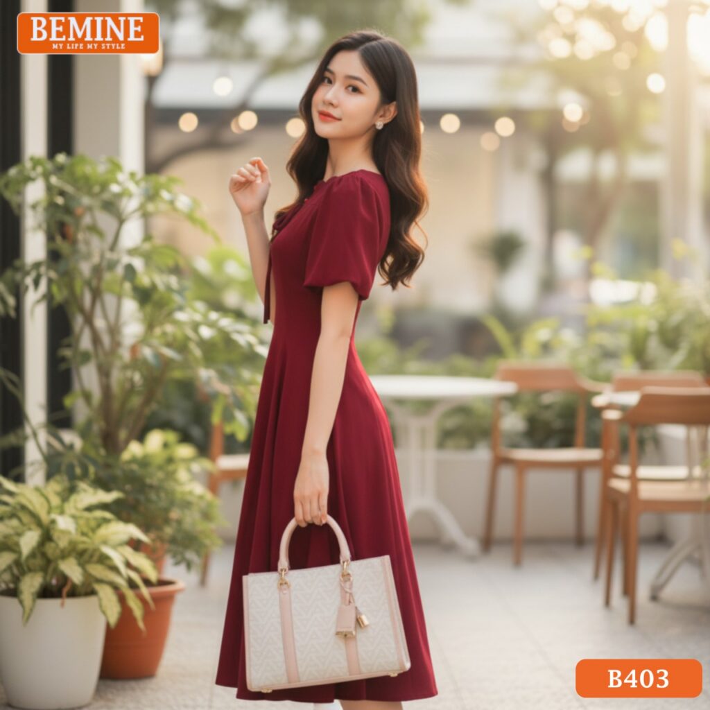 Ảnh cận cảnh chi tiết cổ thuyền rộng và chất liệu vải của đầm thiết kế BEMINE B403 màu đỏ.