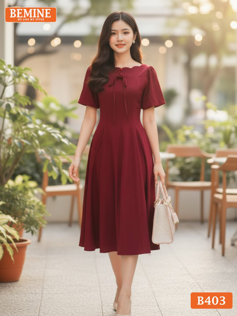 Đầm thiết kế BEMINE B403 màu ĐỎ, dáng chữ A, cổ thuyền, tôn lên vẻ ngoài duyên dáng.
