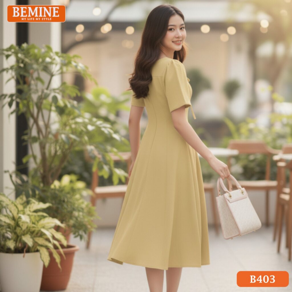 Đầm thiết kế BEMINE Dáng Chữ A Công Sở Cổ Thuyền B403 màu VÀNG tươi sáng.