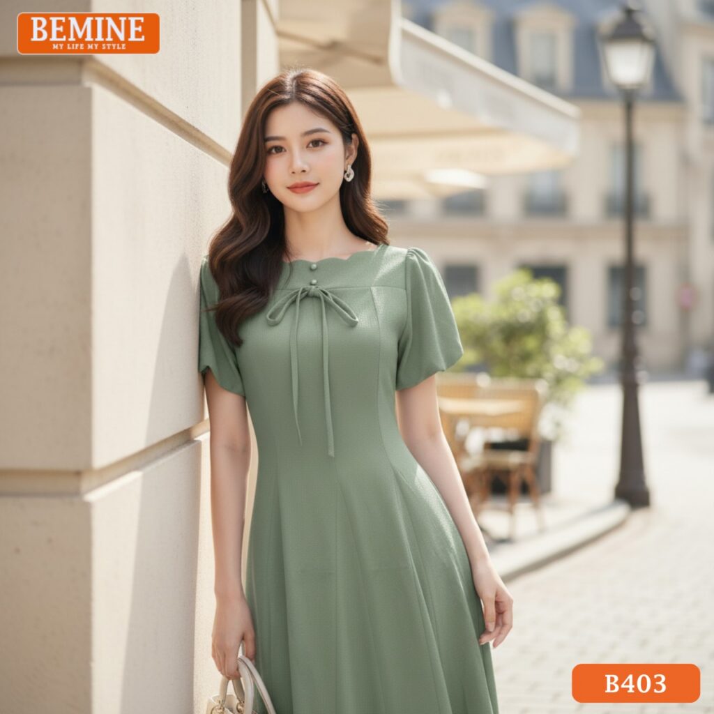 Mẫu đầm công sở BEMINE B403 dáng chữ A, nổi bật với thiết kế cổ thuyền duyên dáng và màu xanh.