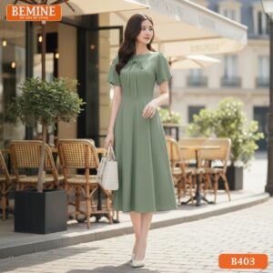 Đầm thiết kế BEMINE Dáng Chữ A Công Sở Cổ Thuyền B403 màu XANH navy/cổ vịt thanh lịch.
