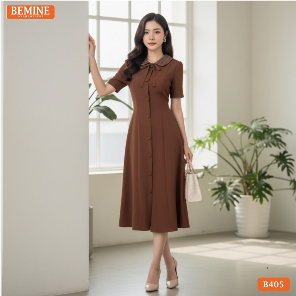 Ảnh chụp toàn thân đầm BEMINE B405, tùng váy xòe nhẹ giúp người mặc tự tin và thoải mái trong mọi vận động.