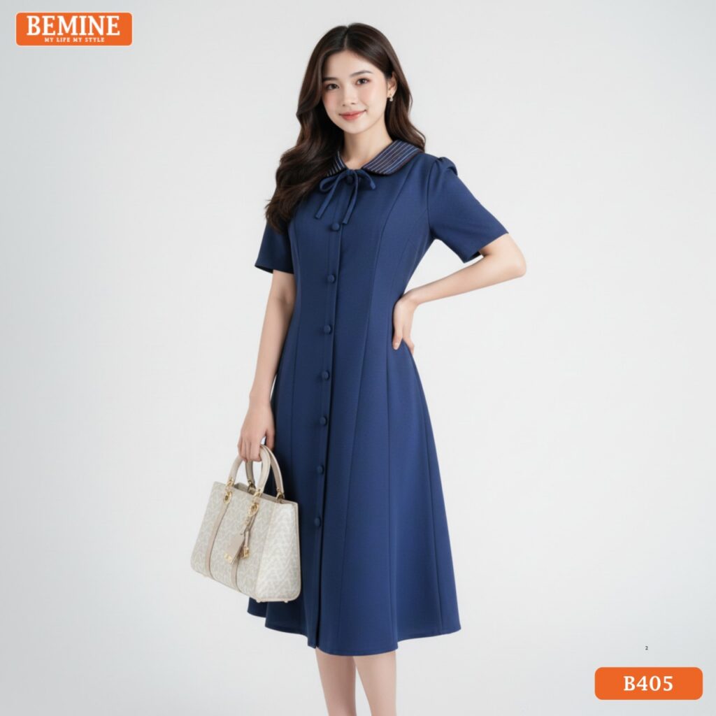 Người mẫu diện đầm thiết kế BEMINE B405 dáng chữ A, phong cách trẻ trung phù hợp đi làm và đi chơi.