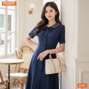 Mẫu đầm chữ A BEMINE B405 cổ sen phối viền tinh tế, phù hợp cho quý cô văn phòng hiện đại.