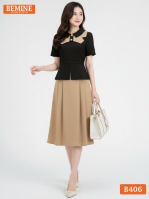Đầm thiết kế BEMINE B406 họa tiết cao cấp, form dáng peplum tôn vòng eo và tạo điểm nhấn hông.