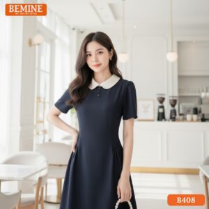 Mẫu đầm công sở BEMINE B408 dáng chữ A phối cổ sen, mang lại vẻ ngoài trẻ trung cho phái đẹp.