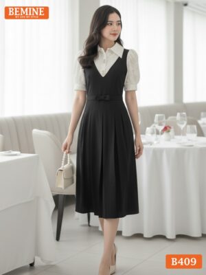 Đầm thiết kế BEMINE B409 phối tơ hoa, chất liệu vải đứng form giúp tôn vóc dáng người mặc.