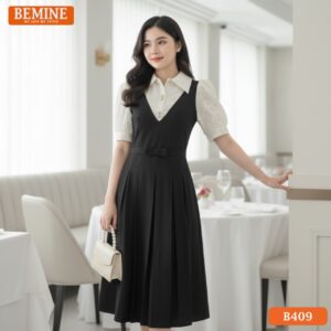 Ảnh cận cảnh họa tiết hoa trên chất liệu tơ cao cấp ở phần cổ và tay áo đầm BEMINE B409.