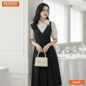 Mẫu đầm công sở BEMINE B409 phối tay tơ hoa bay bổng kết hợp cùng cổ đức sang trọng.