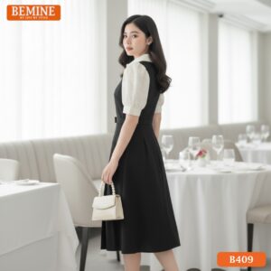 Đầm thiết kế BEMINE B409 dáng chữ A thanh lịch, thiết kế cổ đức phối tơ hoa tinh tế.