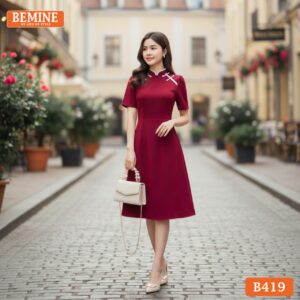 Đầm chữ A BEMINE B419 cổ tàu đính nơ, sự lựa chọn hoàn hảo cho quý cô yêu thích nét đẹp dịu dàng, kín đáo.