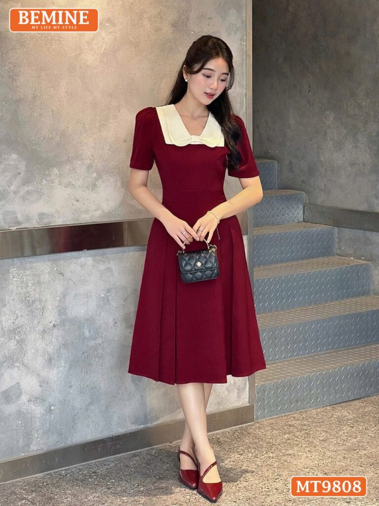 Top 10+ Mẫu Váy Xòe Liền Thân Công Sở Đẹp Cho Các Cô Nàng Đầm thiết kế BEMINE Dáng Xòe Công Sở Cổ Phối Nơ MT9808