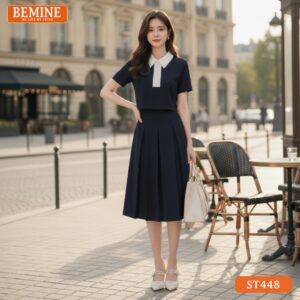 Mẫu set đồ công sở BEMINE ST448 hiện đại với thiết kế khóa kéo kim loại tạo điểm nhấn cá tính cho áo sơ mi.