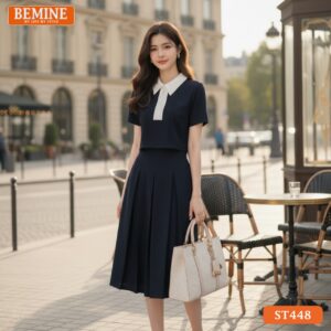 Ảnh cận cảnh chi tiết khóa kéo trước và cổ sơ mi chỉn chu trên áo thuộc bộ set thiết kế BEMINE ST448.