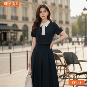 Set thiết kế BEMINE áo cổ sơ mi khóa kéo trước chân váy dáng dài ST448
