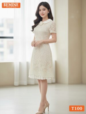 Đầm thiết kế BEMINE cổ sen ren hoa nổi dáng chữ A phù hợp đi tiệc-T100 hình ảnh