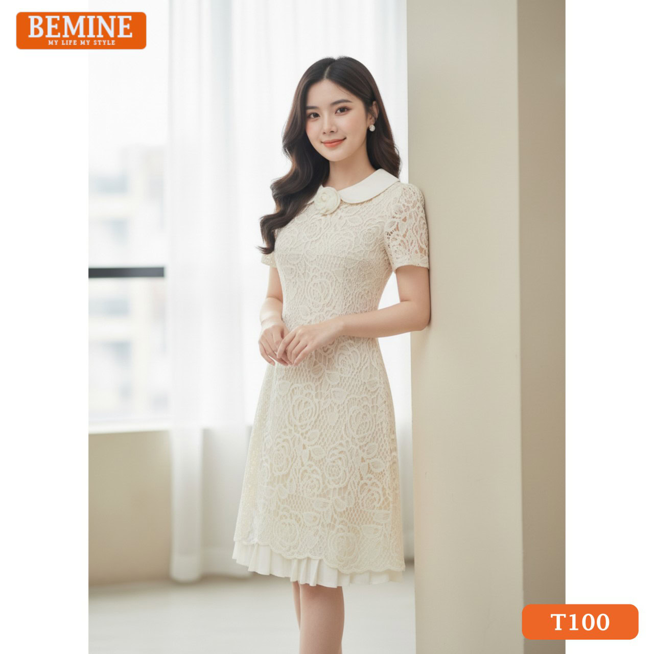 siêu phẩm Đầm thiết kế BEMINE dáng chữ a cổ sen ren hoa nổi T100