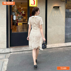 Đầm thiết kế BEMINE T100 dáng chữ A sang trọng với chi tiết cổ sen ren hoa nổi bật.