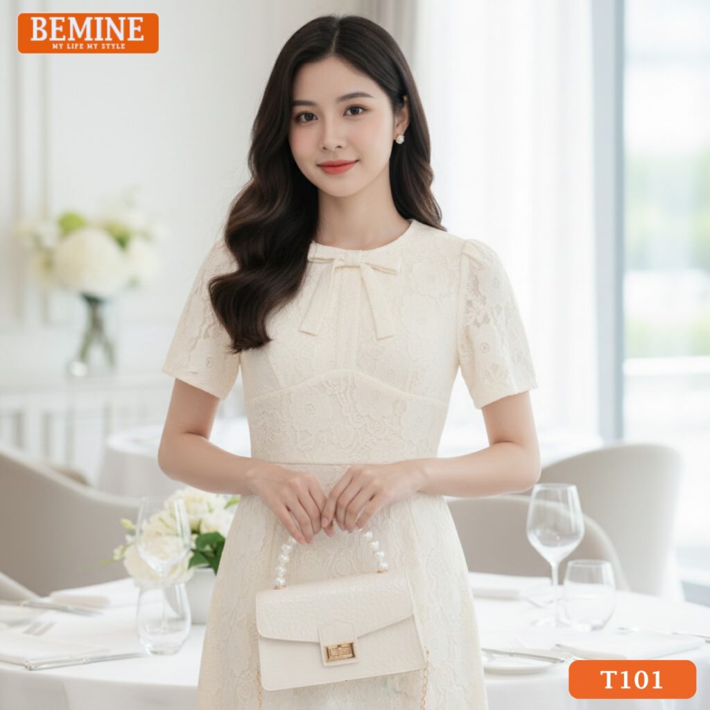 Đầm thiết kế BEMINE cao cấp dáng a cổ tròn ren hoa T101 là sự kết hợp hoàn hảo giữa nét cổ điển và hiện đạ